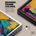A tall narrow artwork of the Statue of Liberty shown from a low angle with the torch raised, rendered in bold pop art style with vibrant teal tones contrasted by bright pink and yellow paint splashes, featuring dynamic splatter textures and graphic shading in a modern abstract urban composition.