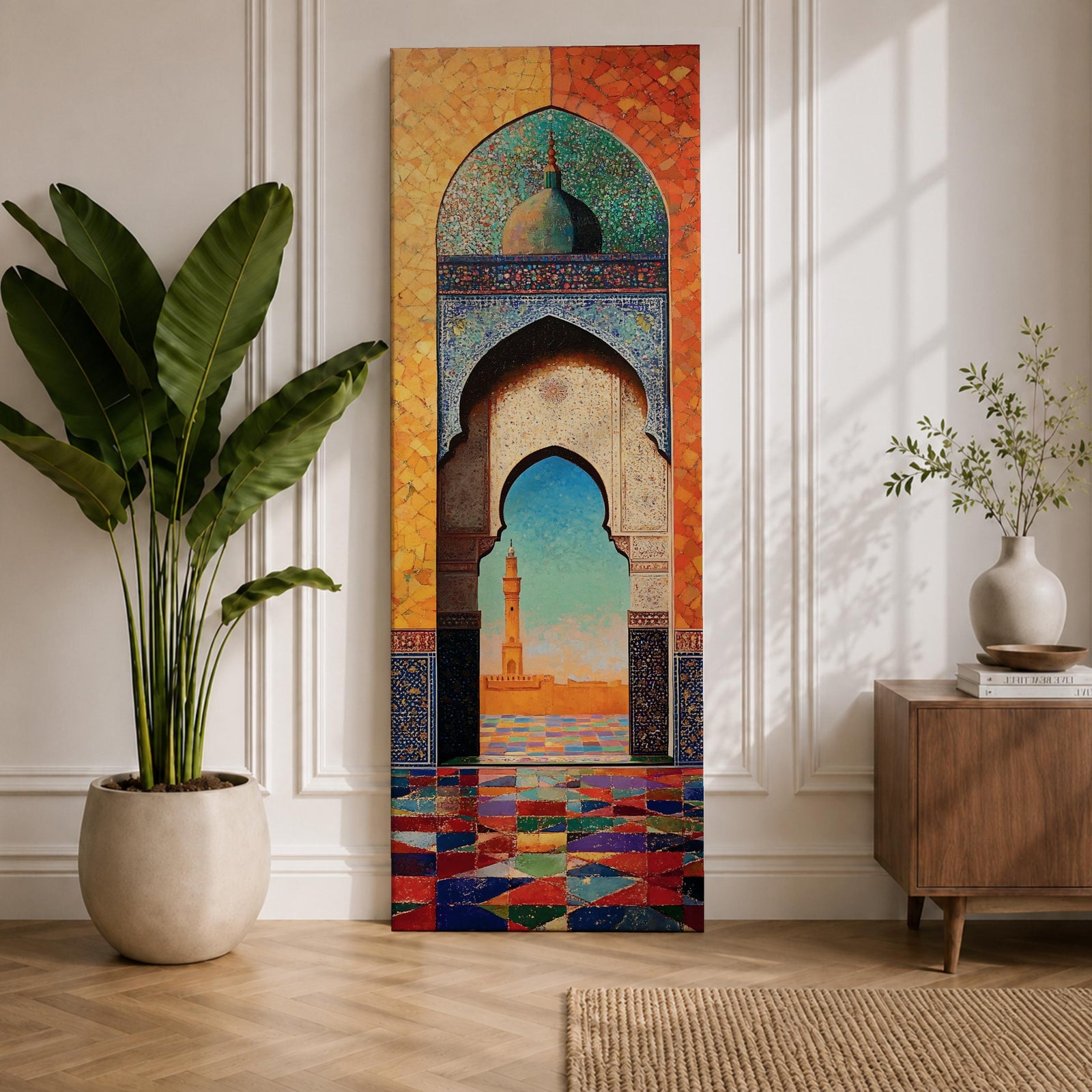 Long vertical painting of a Moroccan mosque arch framing a distant minaret beneath a bright sky. Intricate geometric tile patterns and colorful mosaic flooring lead through the ornate archway while warm sunlight illuminates the courtyard creating a vibrant Islamic architectural scene.