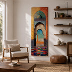 Long vertical painting of a Moroccan mosque arch framing a distant minaret beneath a bright sky. Intricate geometric tile patterns and colorful mosaic flooring lead through the ornate archway while warm sunlight illuminates the courtyard creating a vibrant Islamic architectural scene.