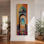 Long vertical painting of a Moroccan mosque arch framing a distant minaret beneath a bright sky. Intricate geometric tile patterns and colorful mosaic flooring lead through the ornate archway while warm sunlight illuminates the courtyard creating a vibrant Islamic architectural scene.