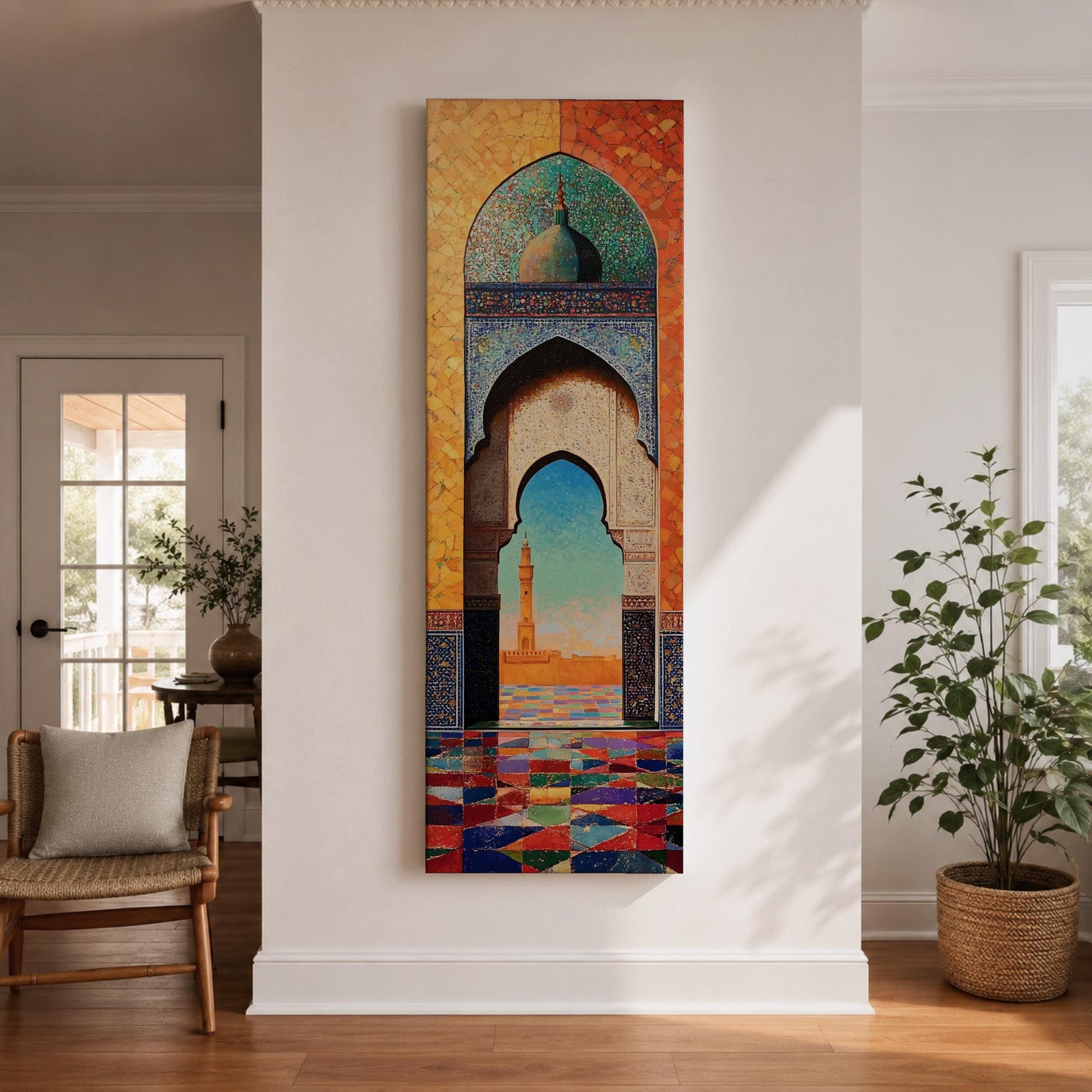 Long vertical painting of a Moroccan mosque arch framing a distant minaret beneath a bright sky. Intricate geometric tile patterns and colorful mosaic flooring lead through the ornate archway while warm sunlight illuminates the courtyard creating a vibrant Islamic architectural scene.