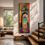 Long vertical painting of a Moroccan mosque arch framing a distant minaret beneath a bright sky. Intricate geometric tile patterns and colorful mosaic flooring lead through the ornate archway while warm sunlight illuminates the courtyard creating a vibrant Islamic architectural scene.