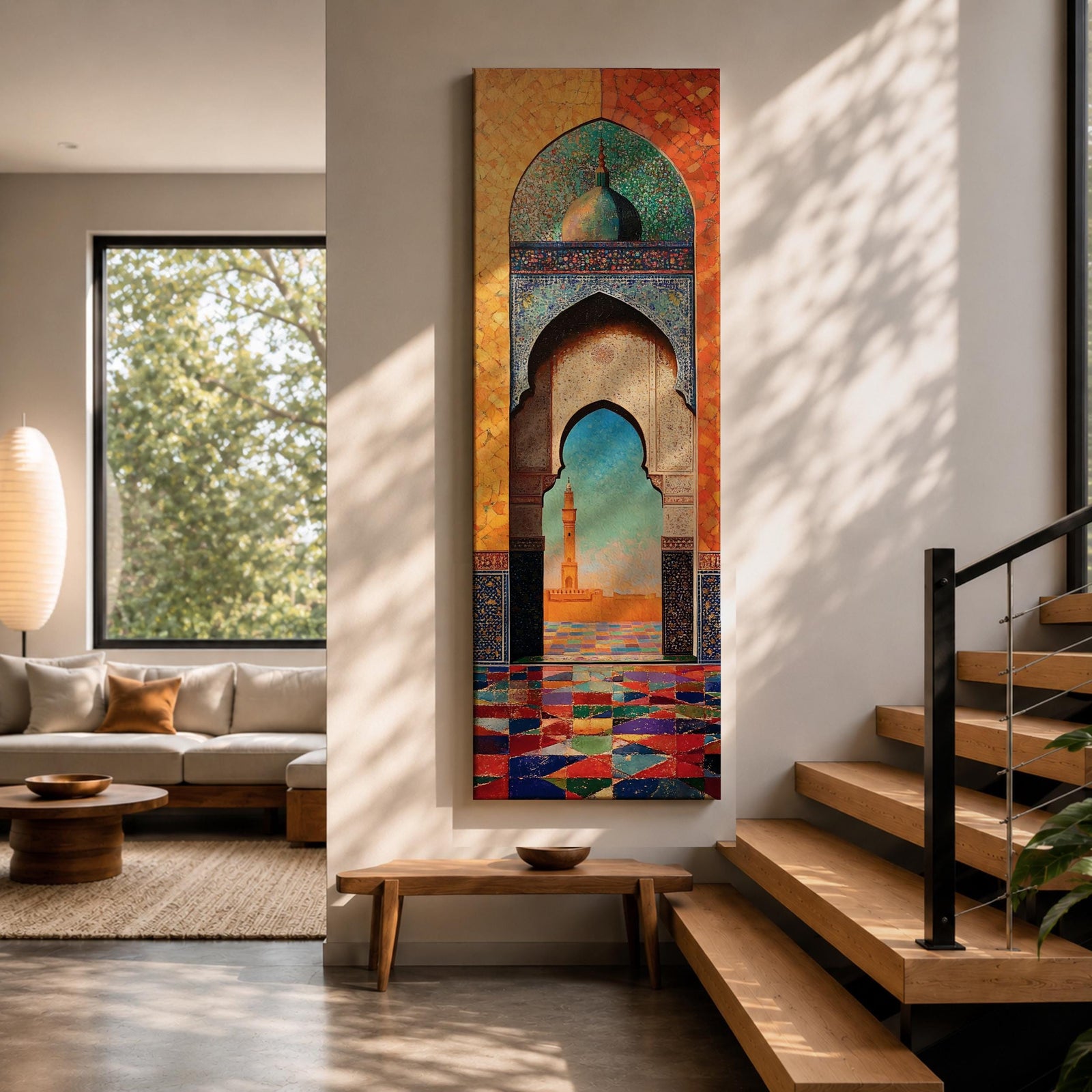 Long vertical painting of a Moroccan mosque arch framing a distant minaret beneath a bright sky. Intricate geometric tile patterns and colorful mosaic flooring lead through the ornate archway while warm sunlight illuminates the courtyard creating a vibrant Islamic architectural scene.