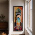 Long vertical painting of a Moroccan mosque arch framing a distant minaret beneath a bright sky. Intricate geometric tile patterns and colorful mosaic flooring lead through the ornate archway while warm sunlight illuminates the courtyard creating a vibrant Islamic architectural scene.