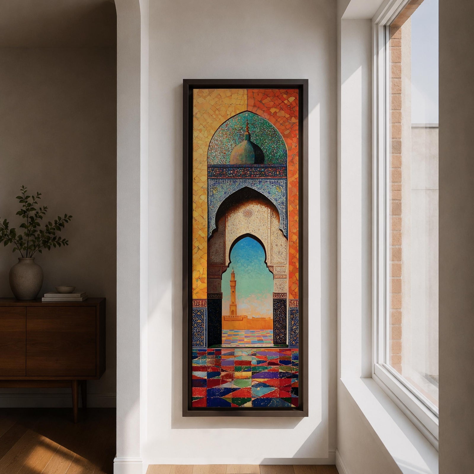 Long vertical painting of a Moroccan mosque arch framing a distant minaret beneath a bright sky. Intricate geometric tile patterns and colorful mosaic flooring lead through the ornate archway while warm sunlight illuminates the courtyard creating a vibrant Islamic architectural scene.