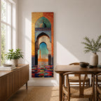 Long vertical painting of a Moroccan mosque arch framing a distant minaret beneath a bright sky. Intricate geometric tile patterns and colorful mosaic flooring lead through the ornate archway while warm sunlight illuminates the courtyard creating a vibrant Islamic architectural scene.