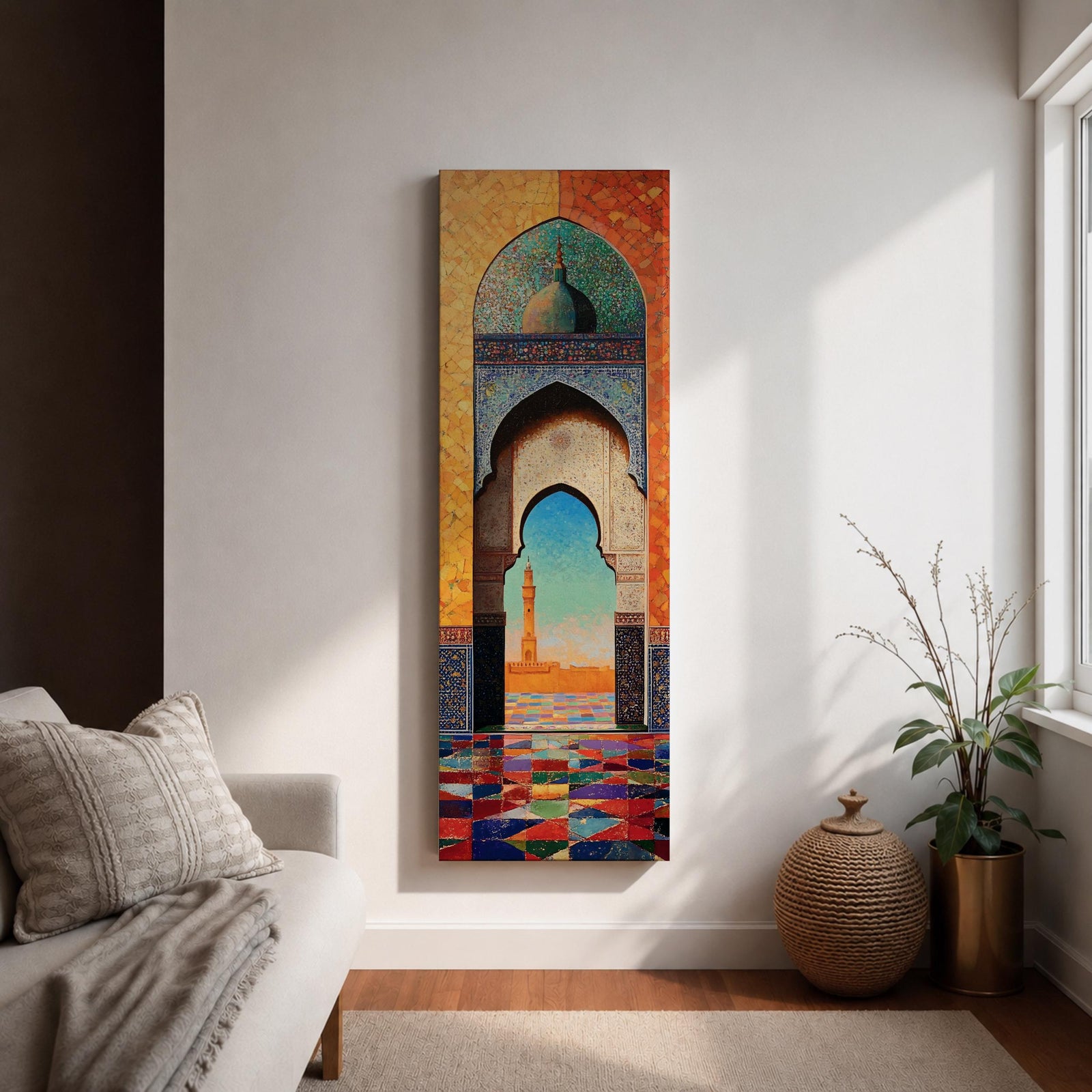 Long vertical painting of a Moroccan mosque arch framing a distant minaret beneath a bright sky. Intricate geometric tile patterns and colorful mosaic flooring lead through the ornate archway while warm sunlight illuminates the courtyard creating a vibrant Islamic architectural scene.