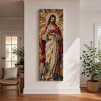 Long vertical stained glass style painting of Jesus Christ holding the Sacred Heart at his chest while radiant golden rays form a halo behind him. The figure is composed of colorful mosaic glass segments in red gold blue and white creating a luminous Christian devotional composition.