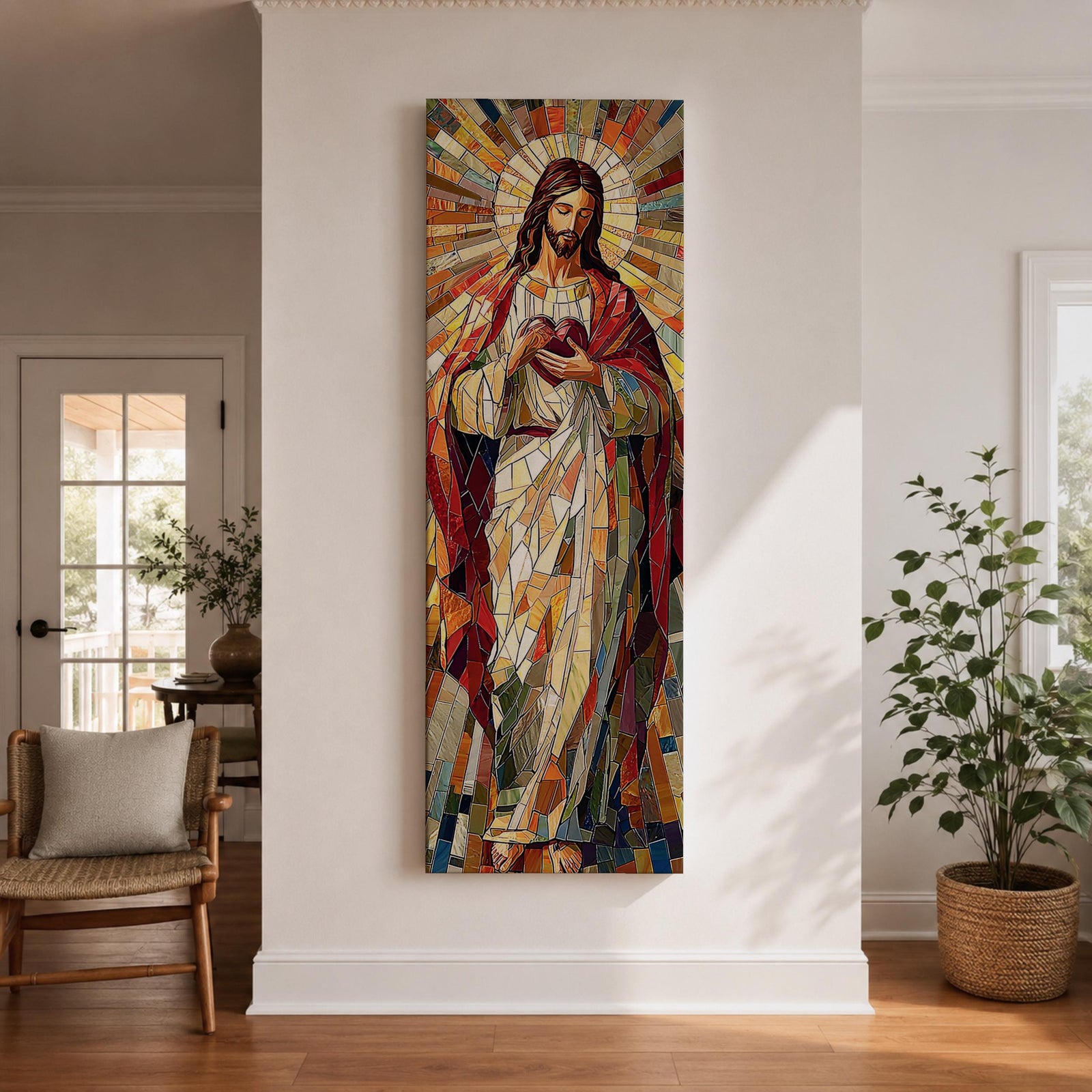 Long vertical stained glass style painting of Jesus Christ holding the Sacred Heart at his chest while radiant golden rays form a halo behind him. The figure is composed of colorful mosaic glass segments in red gold blue and white creating a luminous Christian devotional composition.