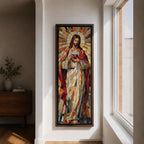 Long vertical stained glass style painting of Jesus Christ holding the Sacred Heart at his chest while radiant golden rays form a halo behind him. The figure is composed of colorful mosaic glass segments in red gold blue and white creating a luminous Christian devotional composition.