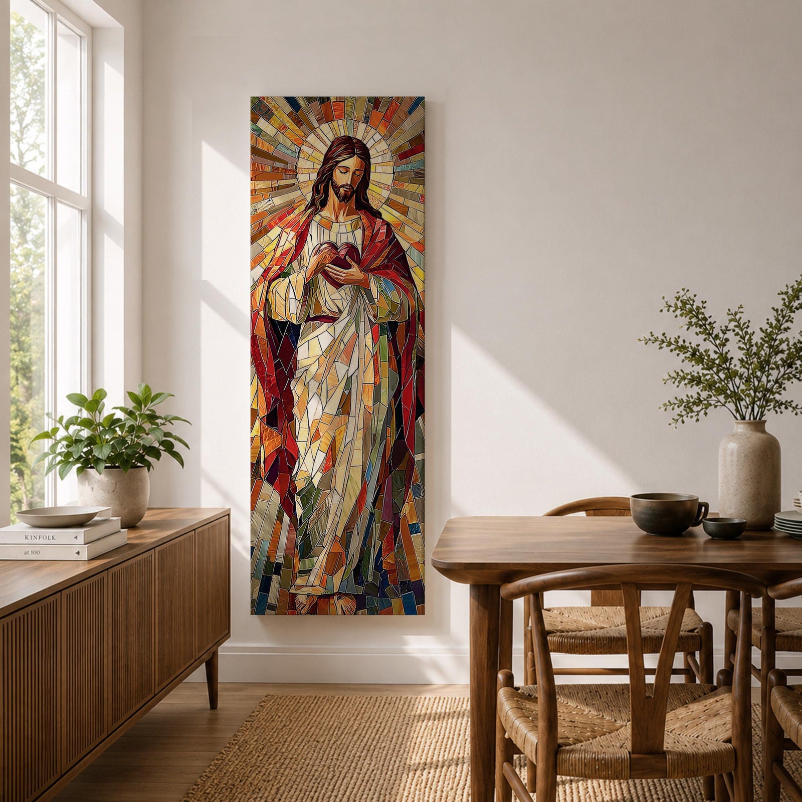 Long vertical stained glass style painting of Jesus Christ holding the Sacred Heart at his chest while radiant golden rays form a halo behind him. The figure is composed of colorful mosaic glass segments in red gold blue and white creating a luminous Christian devotional composition.