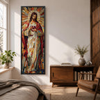 Long vertical stained glass style painting of Jesus Christ holding the Sacred Heart at his chest while radiant golden rays form a halo behind him. The figure is composed of colorful mosaic glass segments in red gold blue and white creating a luminous Christian devotional composition.