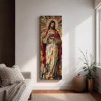 Long vertical stained glass style painting of Jesus Christ holding the Sacred Heart at his chest while radiant golden rays form a halo behind him. The figure is composed of colorful mosaic glass segments in red gold blue and white creating a luminous Christian devotional composition.