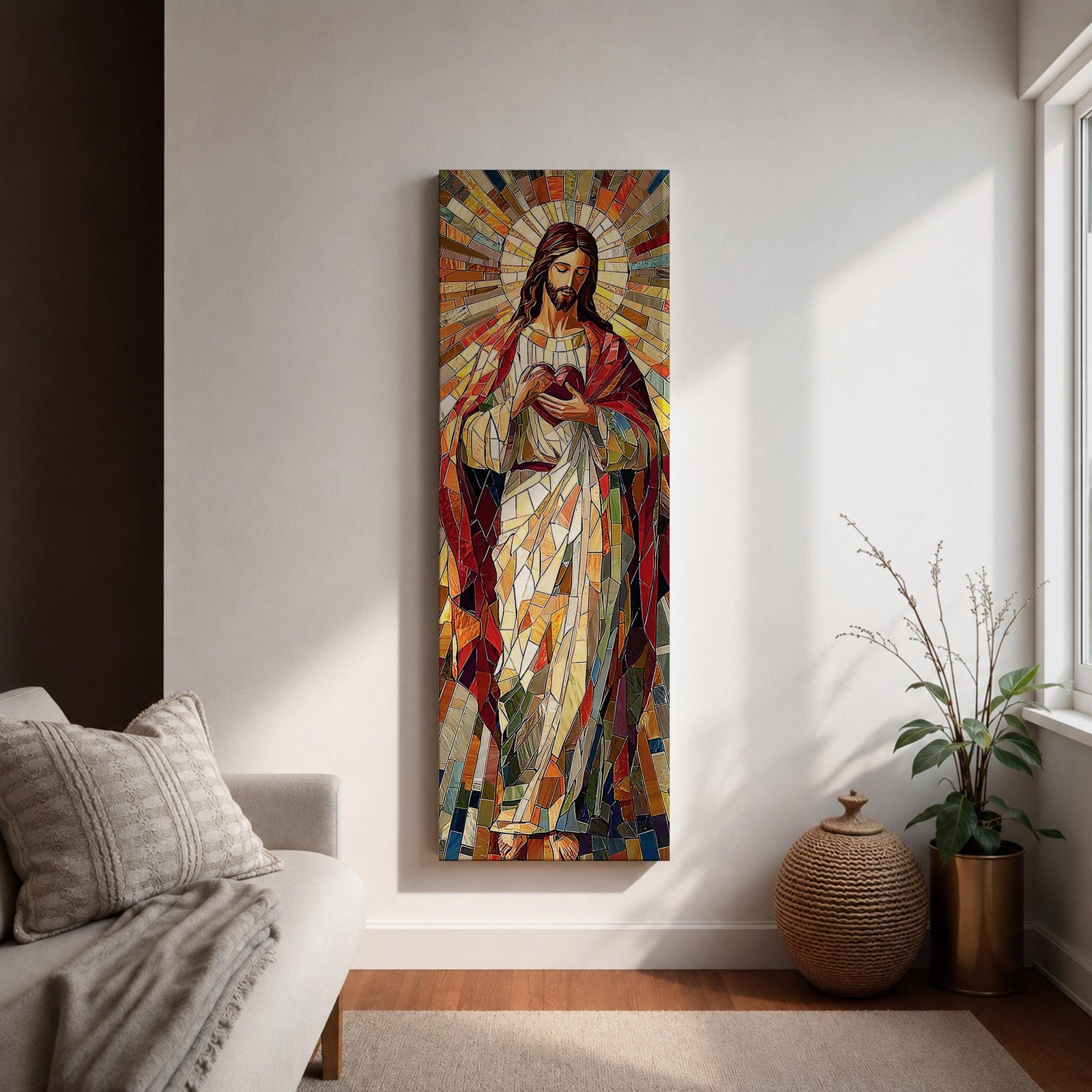 Long vertical stained glass style painting of Jesus Christ holding the Sacred Heart at his chest while radiant golden rays form a halo behind him. The figure is composed of colorful mosaic glass segments in red gold blue and white creating a luminous Christian devotional composition.