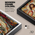 Long vertical stained glass style painting of Jesus Christ holding the Sacred Heart at his chest while radiant golden rays form a halo behind him. The figure is composed of colorful mosaic glass segments in red gold blue and white creating a luminous Christian devotional composition.