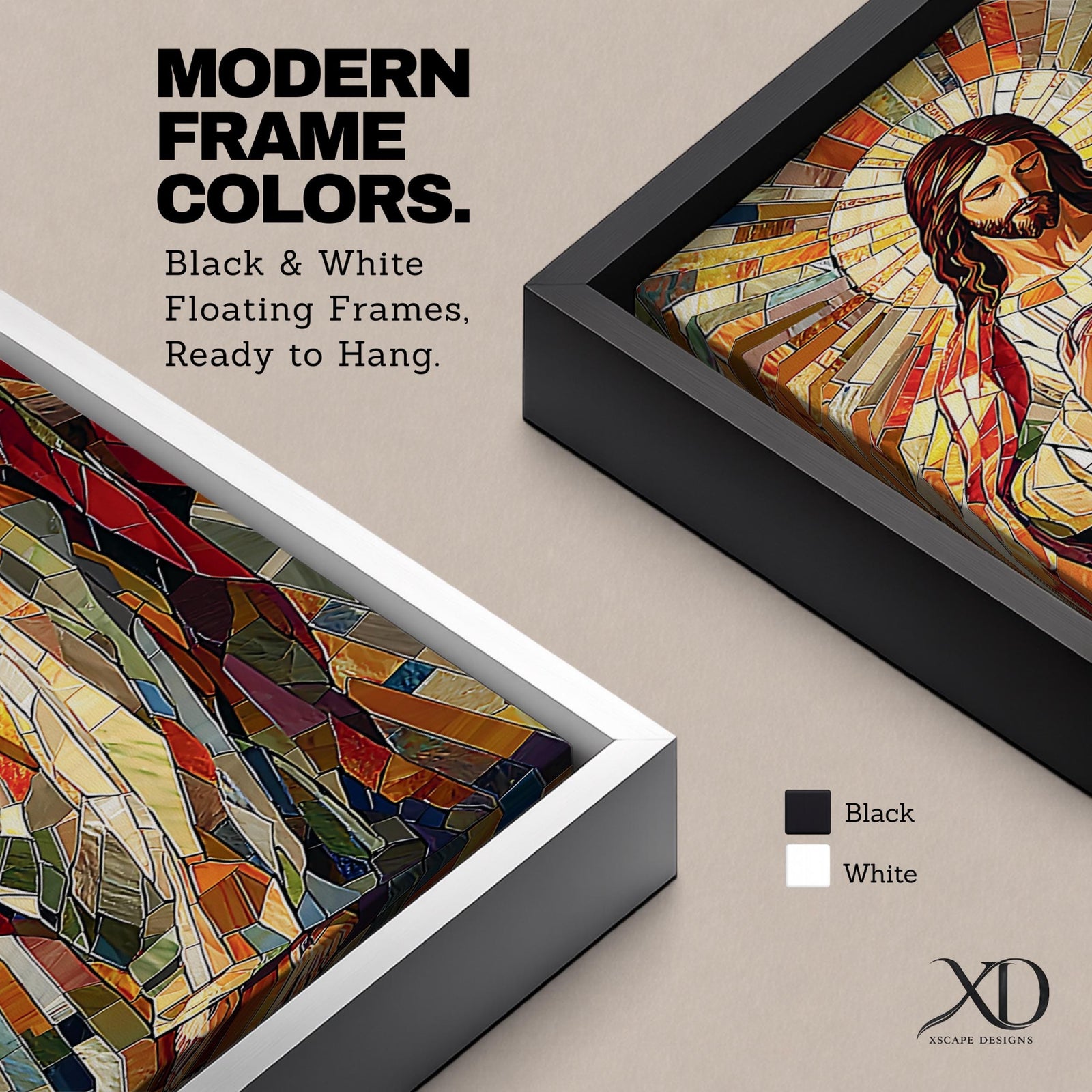 Long vertical stained glass style painting of Jesus Christ holding the Sacred Heart at his chest while radiant golden rays form a halo behind him. The figure is composed of colorful mosaic glass segments in red gold blue and white creating a luminous Christian devotional composition.