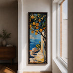 Long vertical painting of a lemon tree with bright yellow fruit hanging above a sunlit coastal path overlooking deep blue Mediterranean water. White walls and a seaside terrace lead toward the horizon while bold brushstrokes capture a warm Italian coastal landscape.