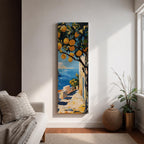 Long vertical painting of a lemon tree with bright yellow fruit hanging above a sunlit coastal path overlooking deep blue Mediterranean water. White walls and a seaside terrace lead toward the horizon while bold brushstrokes capture a warm Italian coastal landscape.