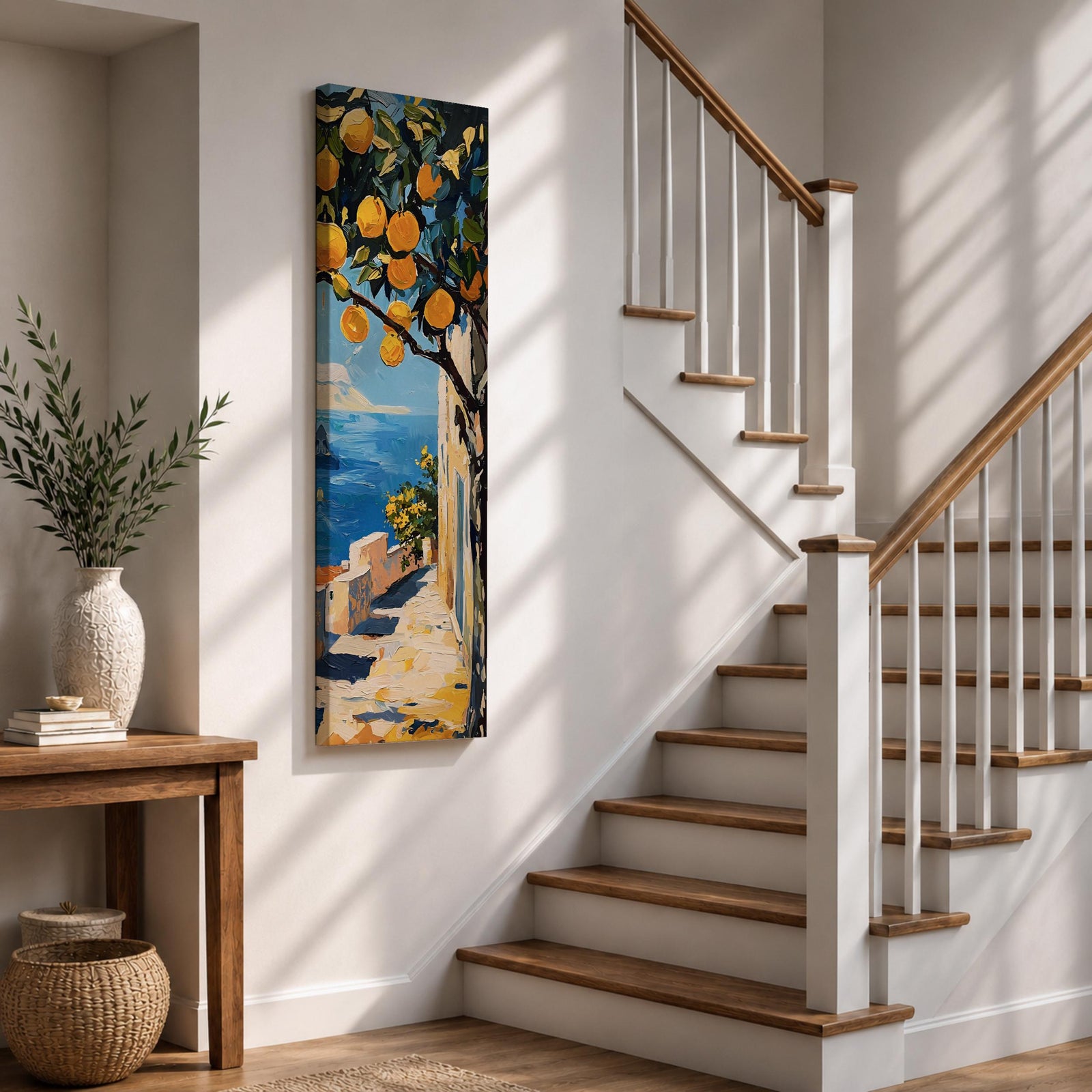 Long vertical painting of a lemon tree with bright yellow fruit hanging above a sunlit coastal path overlooking deep blue Mediterranean water. White walls and a seaside terrace lead toward the horizon while bold brushstrokes capture a warm Italian coastal landscape.