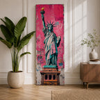 Long vertical street art style painting of the Statue of Liberty standing with torch raised against a vibrant pink graffiti wall. Spray paint textures and layered urban markings surround the monument while bold teal and copper tones highlight the iconic New York landmark.