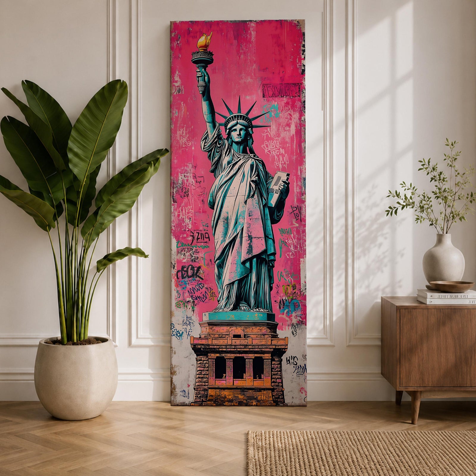 Long vertical street art style painting of the Statue of Liberty standing with torch raised against a vibrant pink graffiti wall. Spray paint textures and layered urban markings surround the monument while bold teal and copper tones highlight the iconic New York landmark.