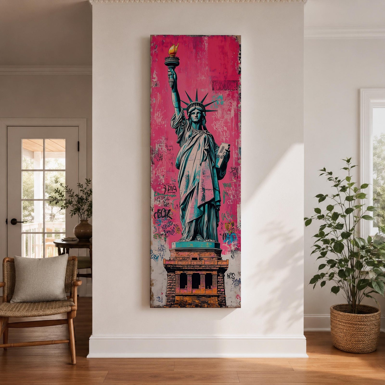 Long vertical street art style painting of the Statue of Liberty standing with torch raised against a vibrant pink graffiti wall. Spray paint textures and layered urban markings surround the monument while bold teal and copper tones highlight the iconic New York landmark.