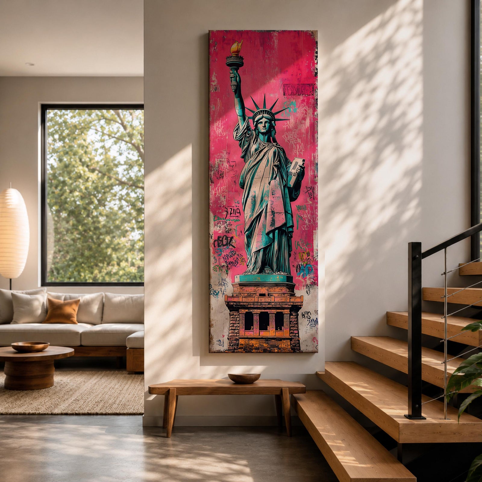 Long vertical street art style painting of the Statue of Liberty standing with torch raised against a vibrant pink graffiti wall. Spray paint textures and layered urban markings surround the monument while bold teal and copper tones highlight the iconic New York landmark.