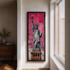 Long vertical street art style painting of the Statue of Liberty standing with torch raised against a vibrant pink graffiti wall. Spray paint textures and layered urban markings surround the monument while bold teal and copper tones highlight the iconic New York landmark.