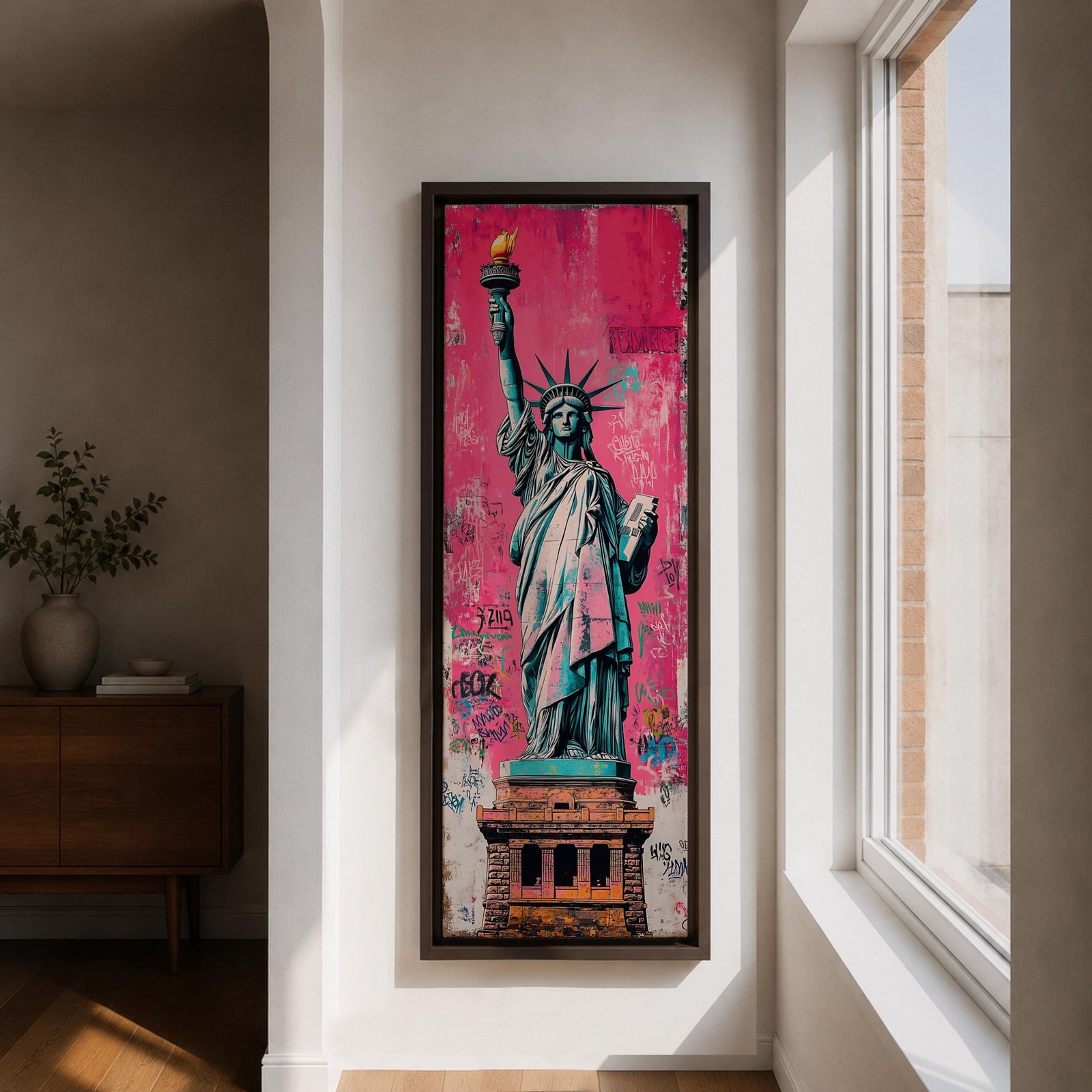 Long vertical street art style painting of the Statue of Liberty standing with torch raised against a vibrant pink graffiti wall. Spray paint textures and layered urban markings surround the monument while bold teal and copper tones highlight the iconic New York landmark.