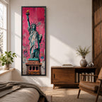 Long vertical street art style painting of the Statue of Liberty standing with torch raised against a vibrant pink graffiti wall. Spray paint textures and layered urban markings surround the monument while bold teal and copper tones highlight the iconic New York landmark.
