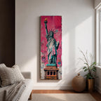 Long vertical street art style painting of the Statue of Liberty standing with torch raised against a vibrant pink graffiti wall. Spray paint textures and layered urban markings surround the monument while bold teal and copper tones highlight the iconic New York landmark.