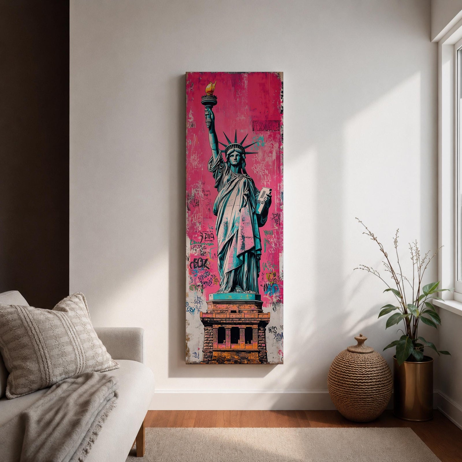 Long vertical street art style painting of the Statue of Liberty standing with torch raised against a vibrant pink graffiti wall. Spray paint textures and layered urban markings surround the monument while bold teal and copper tones highlight the iconic New York landmark.