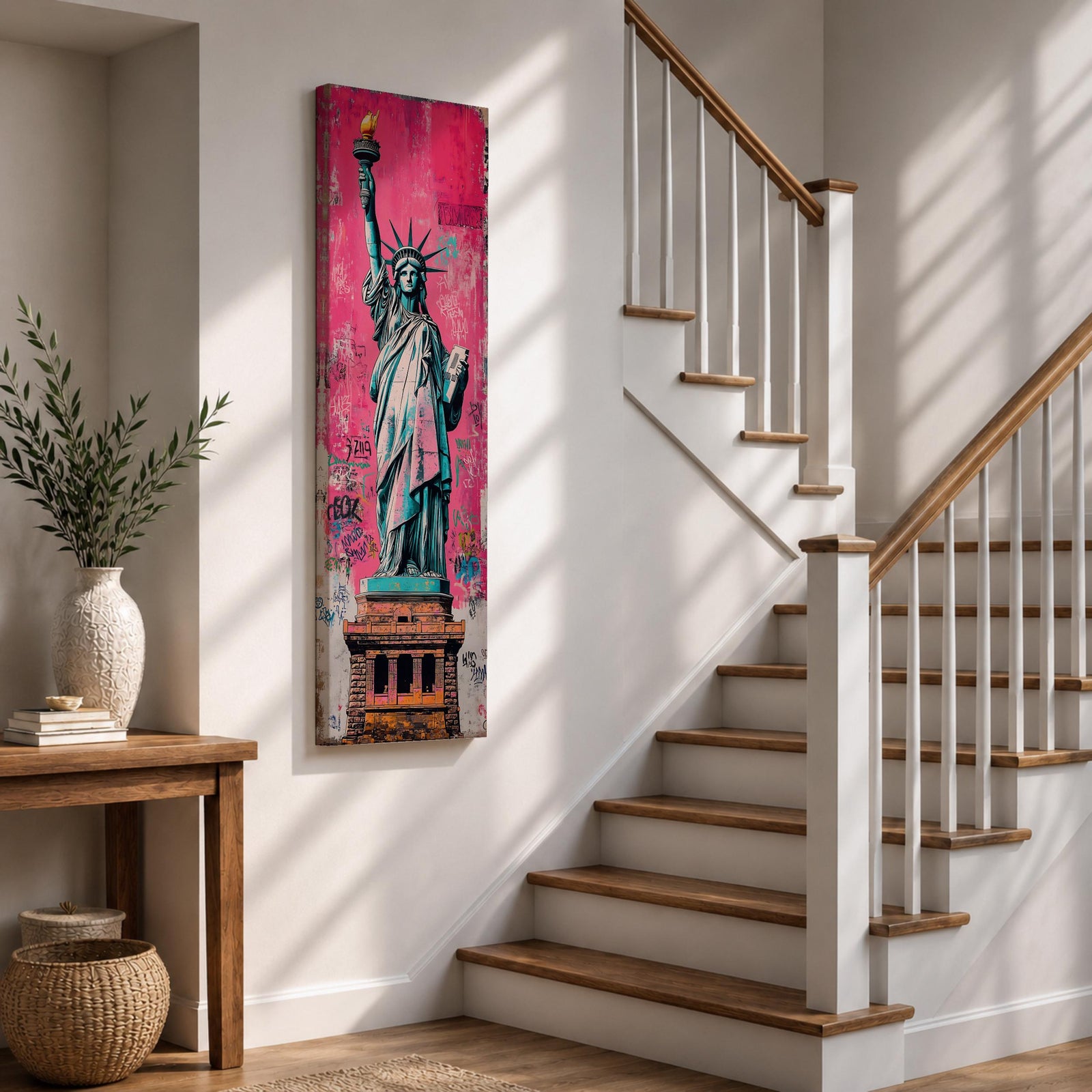 Long vertical street art style painting of the Statue of Liberty standing with torch raised against a vibrant pink graffiti wall. Spray paint textures and layered urban markings surround the monument while bold teal and copper tones highlight the iconic New York landmark.