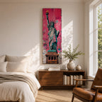 Long vertical street art style painting of the Statue of Liberty standing with torch raised against a vibrant pink graffiti wall. Spray paint textures and layered urban markings surround the monument while bold teal and copper tones highlight the iconic New York landmark.