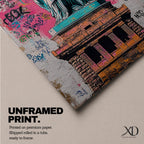 Long vertical street art style painting of the Statue of Liberty standing with torch raised against a vibrant pink graffiti wall. Spray paint textures and layered urban markings surround the monument while bold teal and copper tones highlight the iconic New York landmark.
