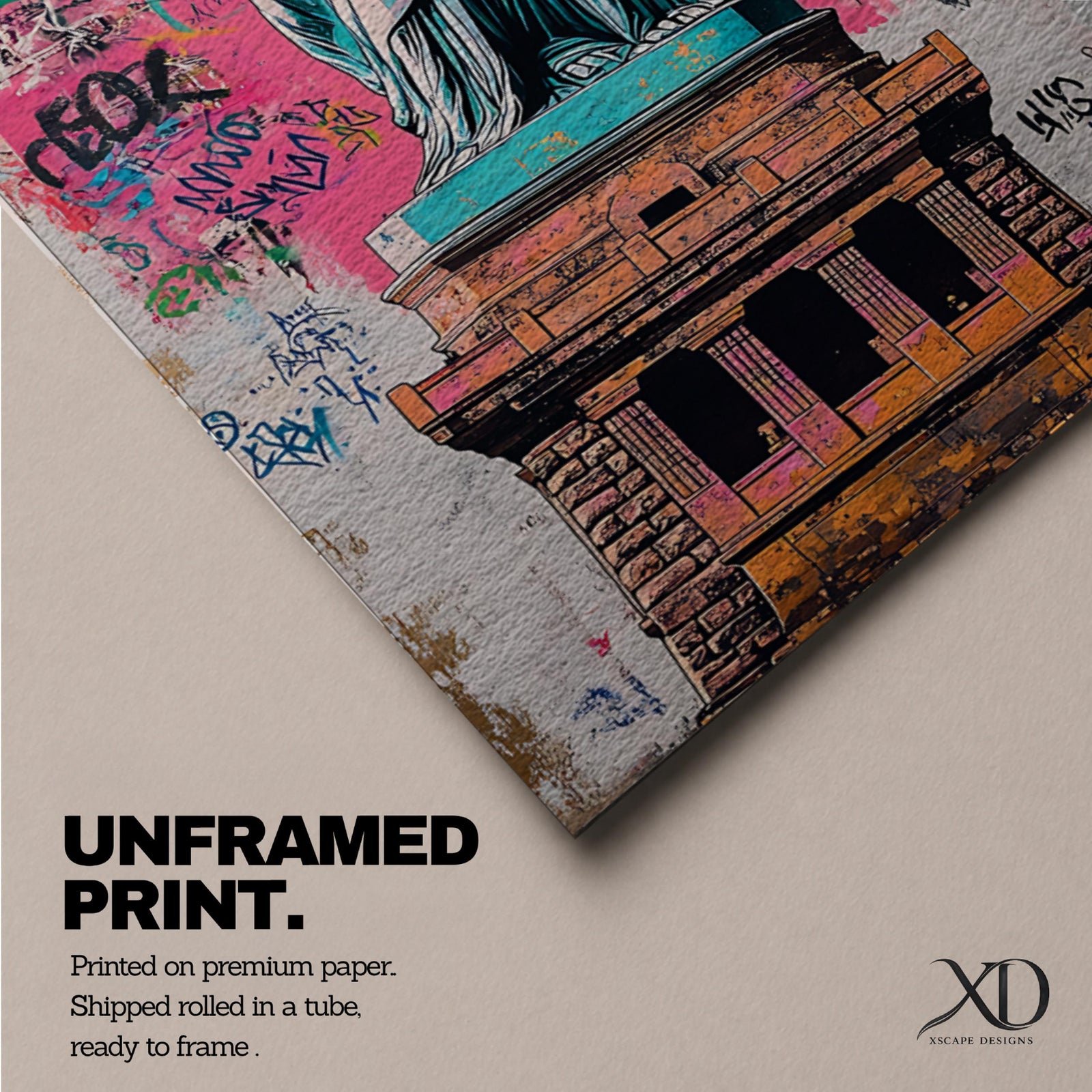 Long vertical street art style painting of the Statue of Liberty standing with torch raised against a vibrant pink graffiti wall. Spray paint textures and layered urban markings surround the monument while bold teal and copper tones highlight the iconic New York landmark.