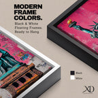 Long vertical street art style painting of the Statue of Liberty standing with torch raised against a vibrant pink graffiti wall. Spray paint textures and layered urban markings surround the monument while bold teal and copper tones highlight the iconic New York landmark.