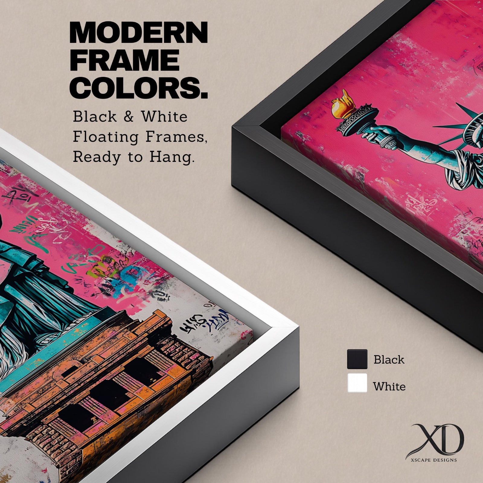 Long vertical street art style painting of the Statue of Liberty standing with torch raised against a vibrant pink graffiti wall. Spray paint textures and layered urban markings surround the monument while bold teal and copper tones highlight the iconic New York landmark.