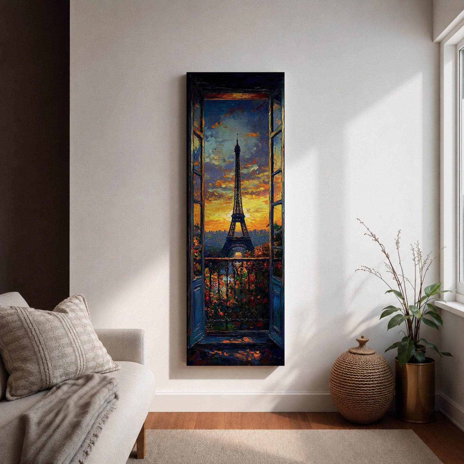 Long vertical painting of the Eiffel Tower seen through an open window with balcony railings and flowers in the foreground. A dramatic sunset sky glows with orange and blue tones above the Paris skyline while expressive brushstrokes create a romantic cityscape composition.