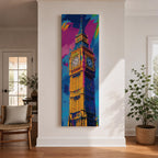 Long vertical colorful painting of Big Ben rising above London with bold expressive brushstrokes in blue pink orange and gold tones. The illuminated clock tower stands prominently against a vibrant abstract sky creating a striking modern city landmark composition.