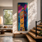 Long vertical colorful painting of Big Ben rising above London with bold expressive brushstrokes in blue pink orange and gold tones. The illuminated clock tower stands prominently against a vibrant abstract sky creating a striking modern city landmark composition.