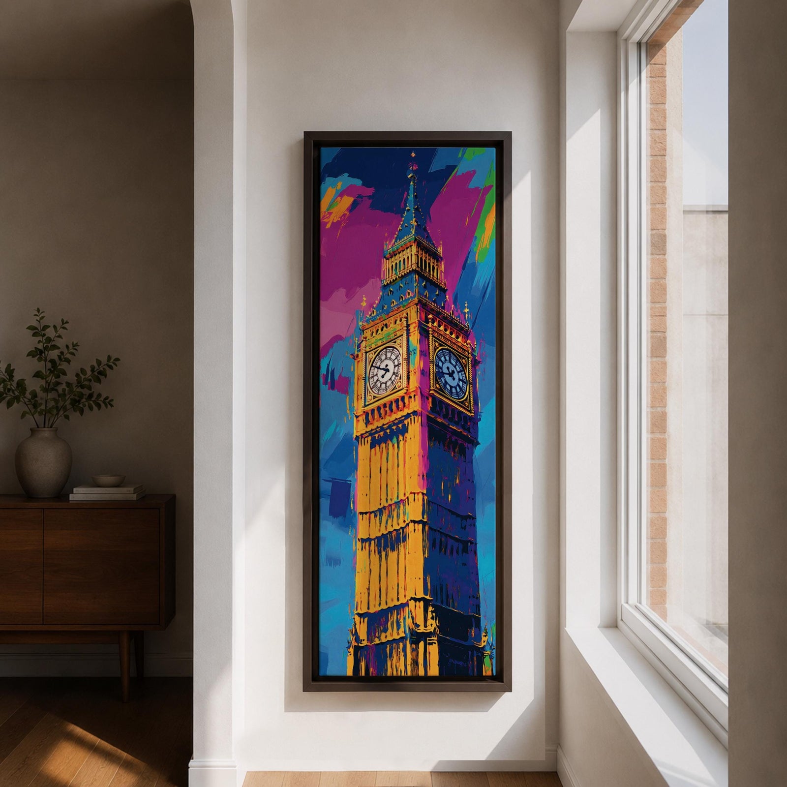 Long vertical colorful painting of Big Ben rising above London with bold expressive brushstrokes in blue pink orange and gold tones. The illuminated clock tower stands prominently against a vibrant abstract sky creating a striking modern city landmark composition.
