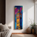Long vertical colorful painting of Big Ben rising above London with bold expressive brushstrokes in blue pink orange and gold tones. The illuminated clock tower stands prominently against a vibrant abstract sky creating a striking modern city landmark composition.