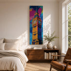 Long vertical colorful painting of Big Ben rising above London with bold expressive brushstrokes in blue pink orange and gold tones. The illuminated clock tower stands prominently against a vibrant abstract sky creating a striking modern city landmark composition.