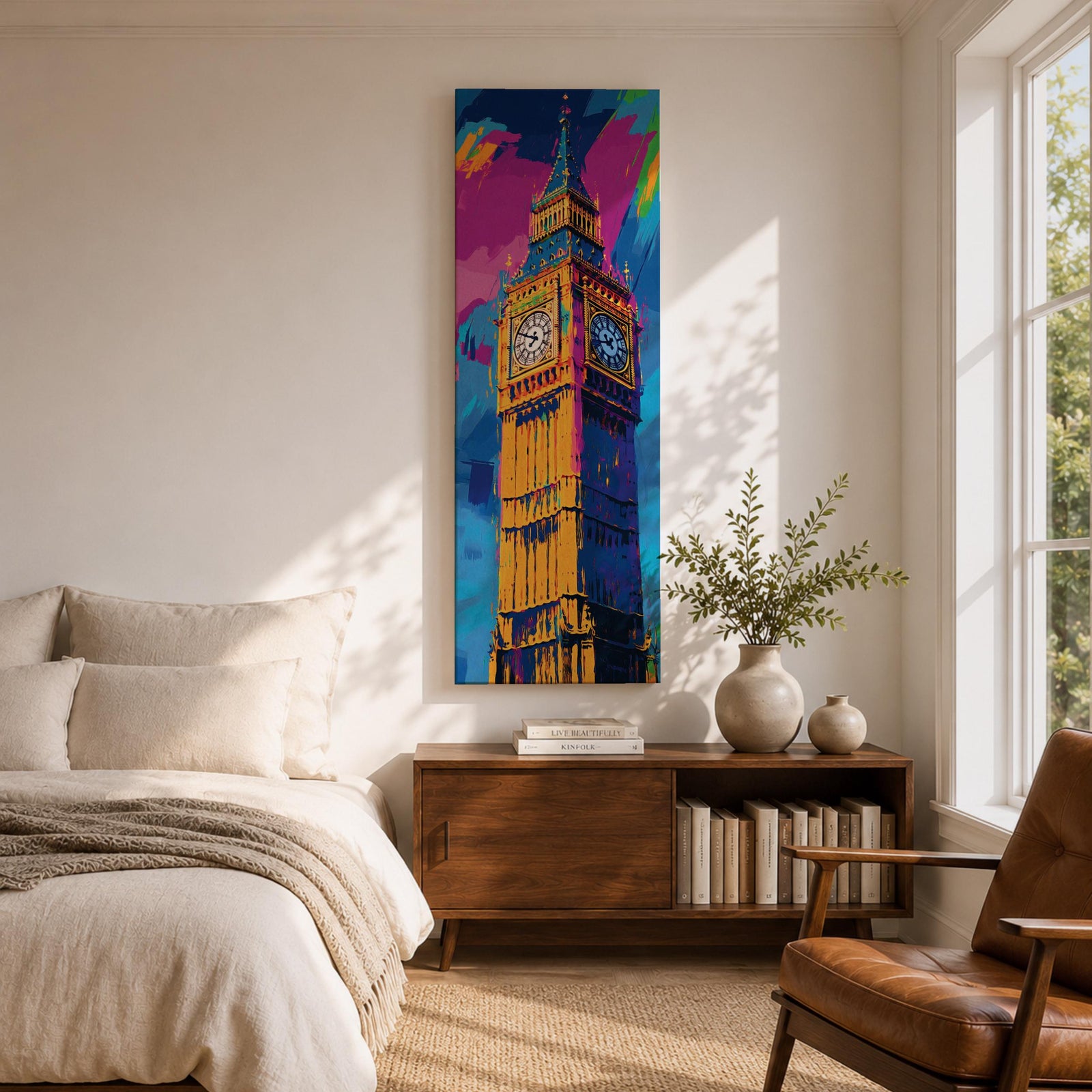 Long vertical colorful painting of Big Ben rising above London with bold expressive brushstrokes in blue pink orange and gold tones. The illuminated clock tower stands prominently against a vibrant abstract sky creating a striking modern city landmark composition.