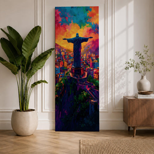 A tall vertical painting depicts Christ the Redeemer with arms outstretched overlooking a vibrant cityscape, rendered in bold expressive colors of orange, blue, pink, and purple, with textured brushstrokes and a glowing sky above, capturing a dynamic modern interpretation of the iconic statue set against a lively urban landscape.