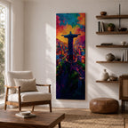 A tall vertical painting depicts Christ the Redeemer with arms outstretched overlooking a vibrant cityscape, rendered in bold expressive colors of orange, blue, pink, and purple, with textured brushstrokes and a glowing sky above, capturing a dynamic modern interpretation of the iconic statue set against a lively urban landscape.