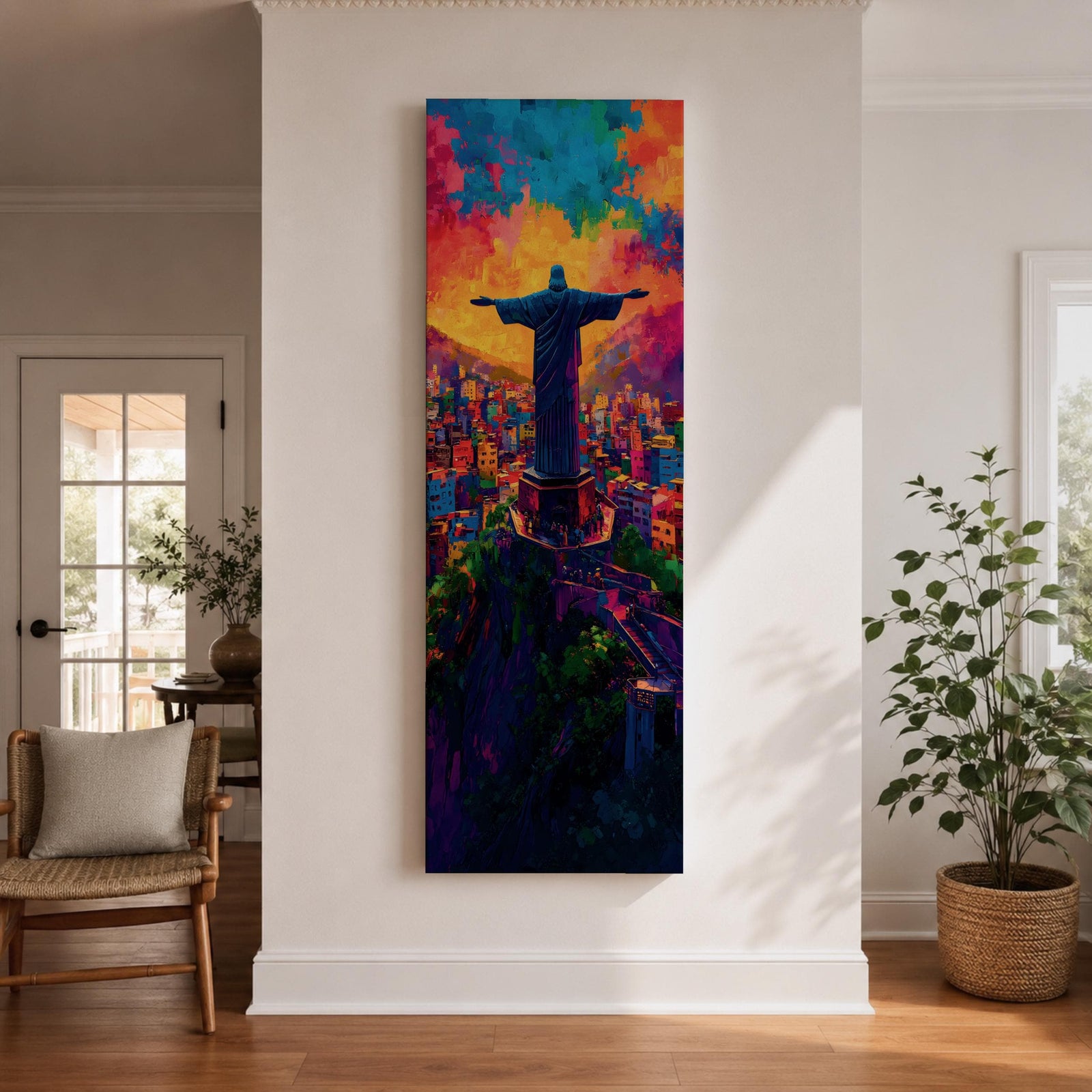 A tall vertical painting depicts Christ the Redeemer with arms outstretched overlooking a vibrant cityscape, rendered in bold expressive colors of orange, blue, pink, and purple, with textured brushstrokes and a glowing sky above, capturing a dynamic modern interpretation of the iconic statue set against a lively urban landscape.