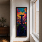 A tall vertical painting depicts Christ the Redeemer with arms outstretched overlooking a vibrant cityscape, rendered in bold expressive colors of orange, blue, pink, and purple, with textured brushstrokes and a glowing sky above, capturing a dynamic modern interpretation of the iconic statue set against a lively urban landscape.