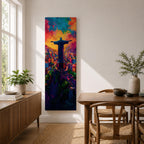 A tall vertical painting depicts Christ the Redeemer with arms outstretched overlooking a vibrant cityscape, rendered in bold expressive colors of orange, blue, pink, and purple, with textured brushstrokes and a glowing sky above, capturing a dynamic modern interpretation of the iconic statue set against a lively urban landscape.